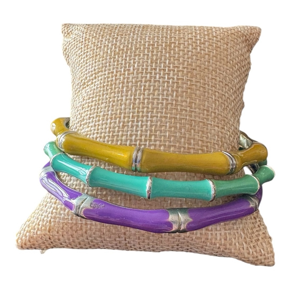 Vintage Bamboo Enamel Bracelet set of 3. Purple, gold, and green. JB5